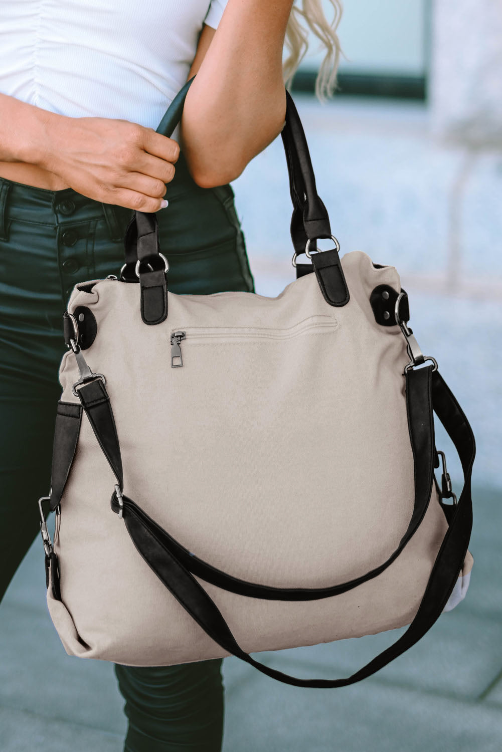 Bolso tote de lona beige estilo casual con diseño de estrella de cinco puntas