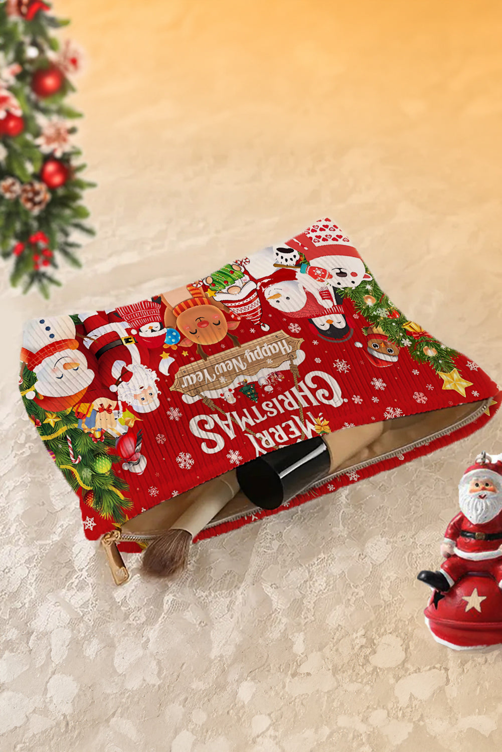 Neceser de pana rojo intenso «Feliz Navidad y Próspero Año Nuevo»