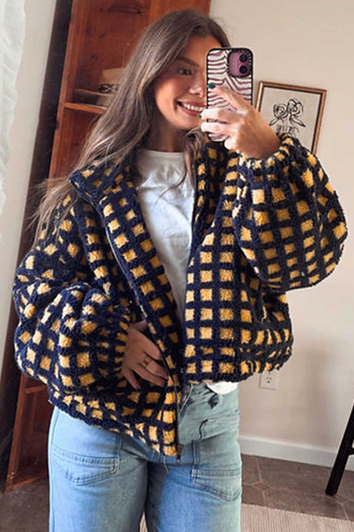 Chaqueta de forro polar tipo sherpa con cremallera y estampado de cuadros azules