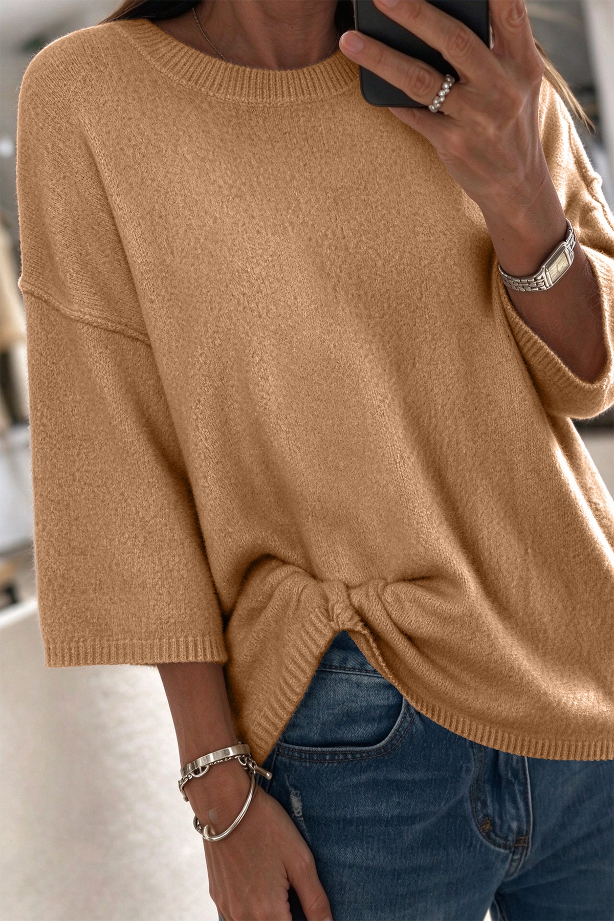 Camel Solid Color Knit Half Sleeve Round Neck Shift Sweater
