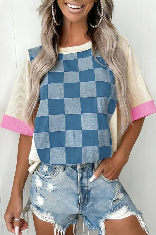 Top holgado de manga corta con patchwork de mezclilla a cuadros azul