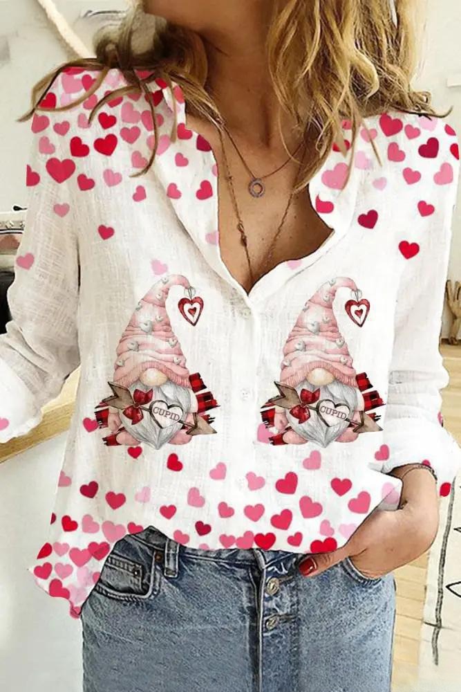 Camisa de manga larga para mujer con estampado de elementos del Día de San Valentín y amor creativo - Bego Fashion