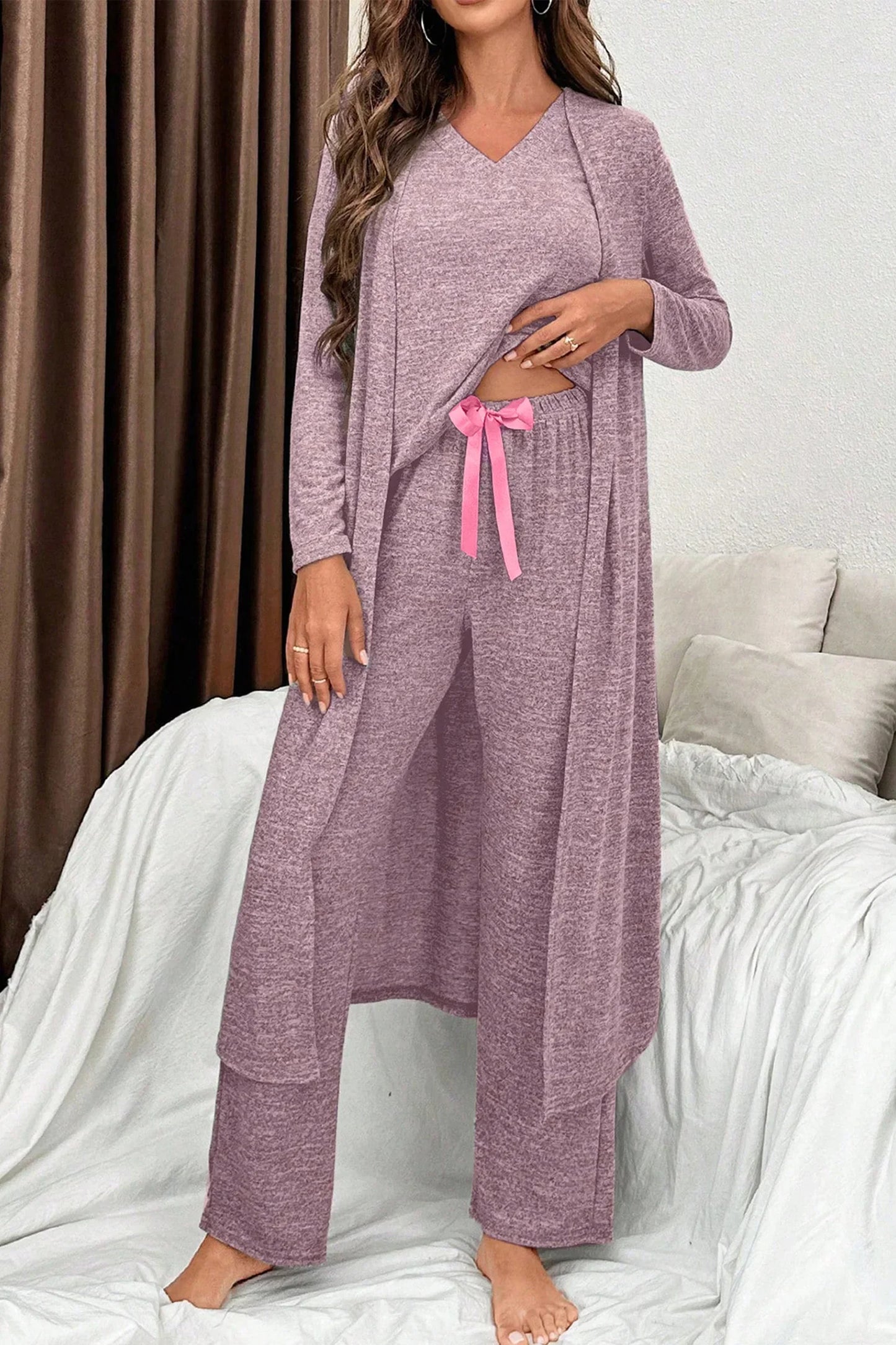 Dark Grey 3pcs V Neck T Shirt Ribbon Knot Pants Open Duster 3pcs Lounge Set - Bego Fashion