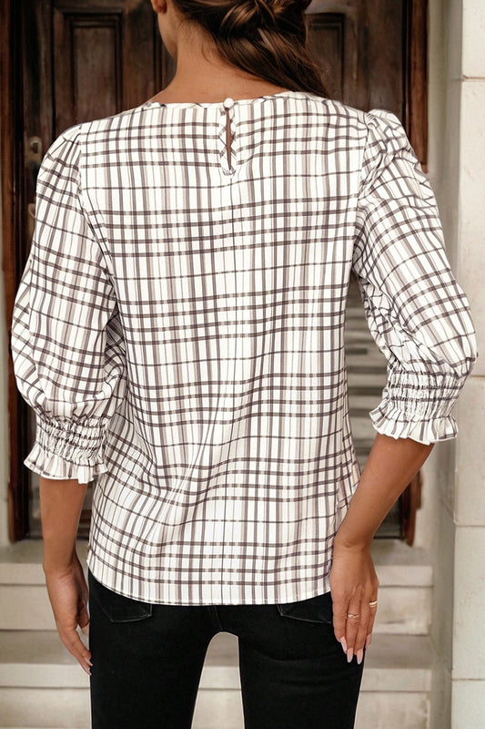 Blusa de media manga abullonada con volantes y estampado de cuadros blancos - Bego Fashion