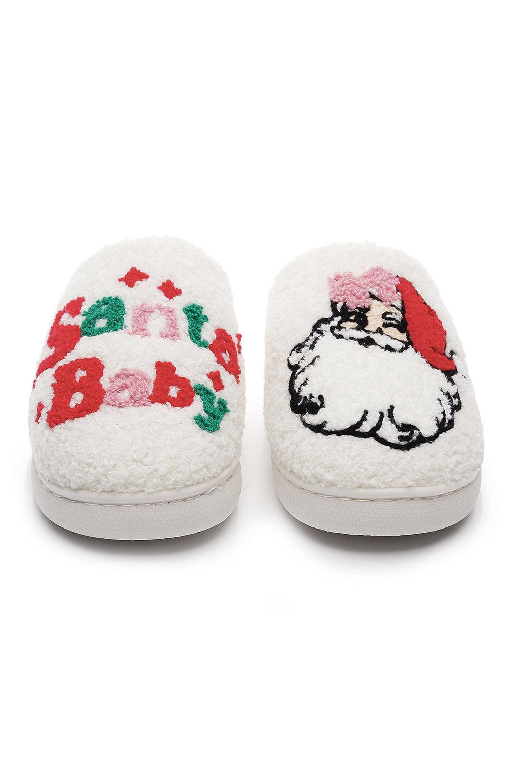 Pantuflas asimétricas de felpa blanca para casa, estilo Santa Baby