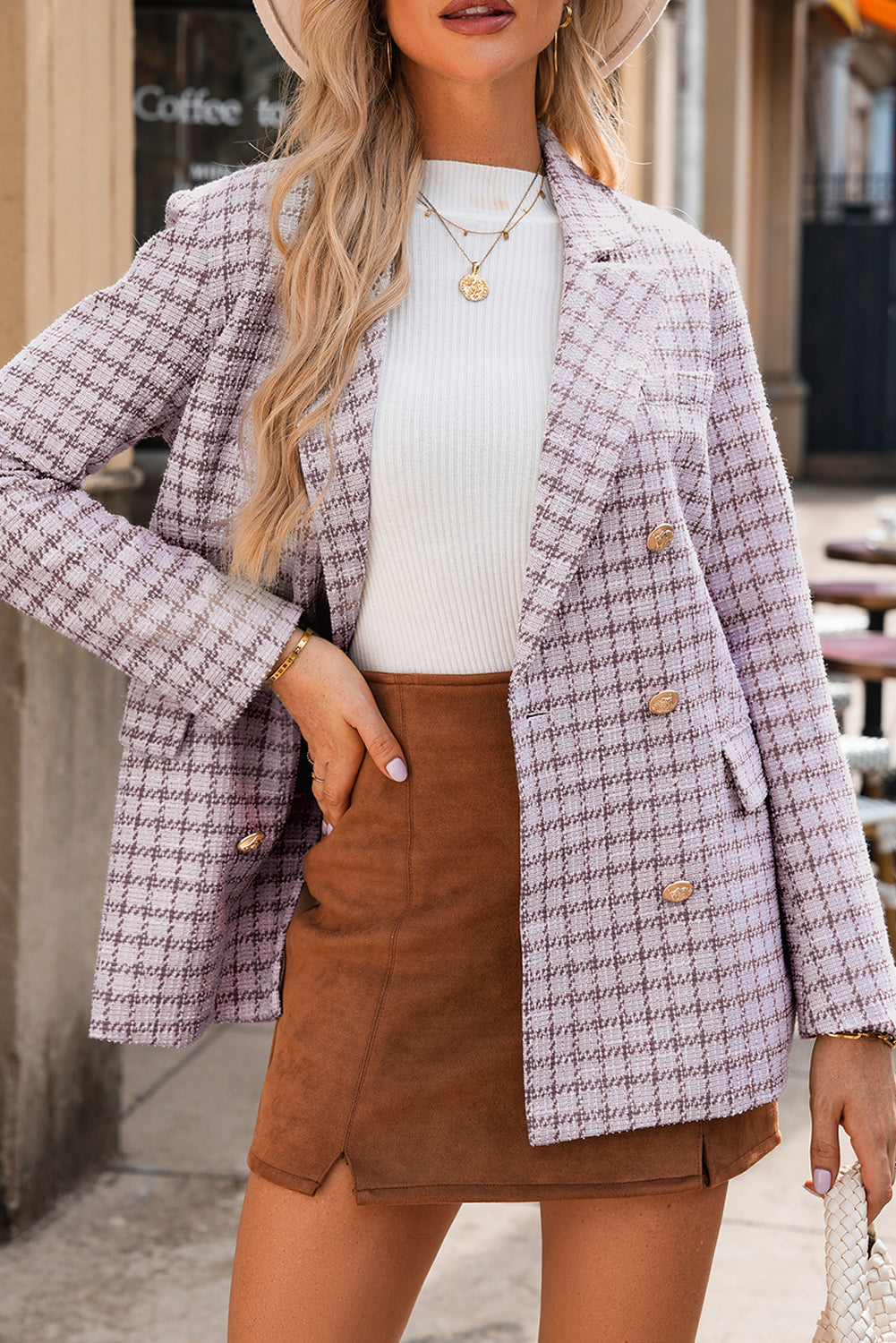 Blazer elegante de tweed a cuadros en color burdeos