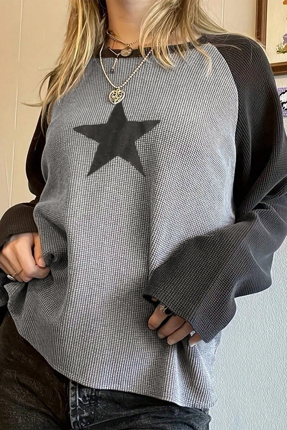 Top raglán de punto waffle con bloques de color, parche de estrella y estampado