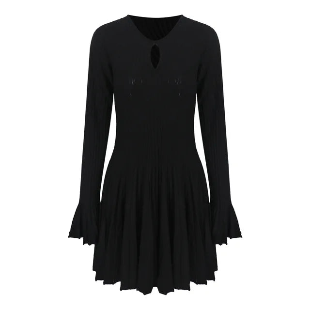 Vestidos de moda coreana para mujer: vestido negro de punto de lana, elegante y de alta calidad, con mangas acampanadas (estilo otoño-invierno)