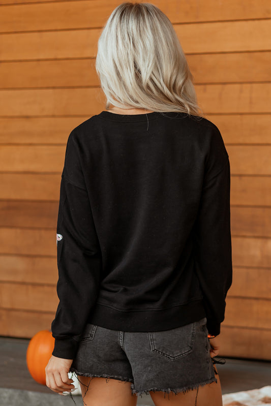 Sudadera de Halloween con cuello redondo, estampado de fantasma con lazo y lentejuelas negras