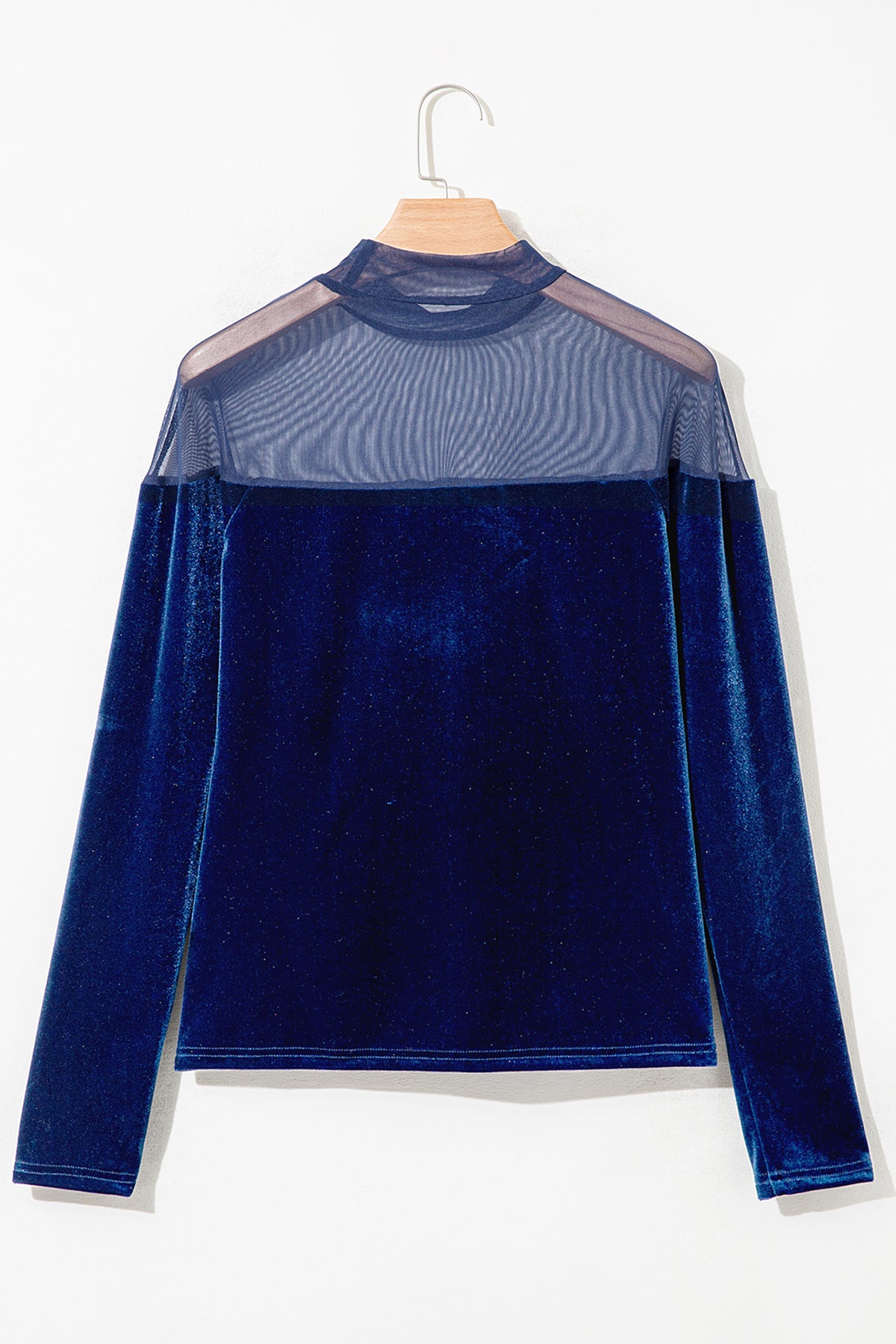 Blusa tipo suéter casual de terciopelo azul marino, de manga larga y estilo patchwork, con cuello transparente.