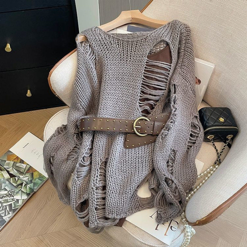 Suéter retro americano de manga larga calada con cinturón - Bego Fashion