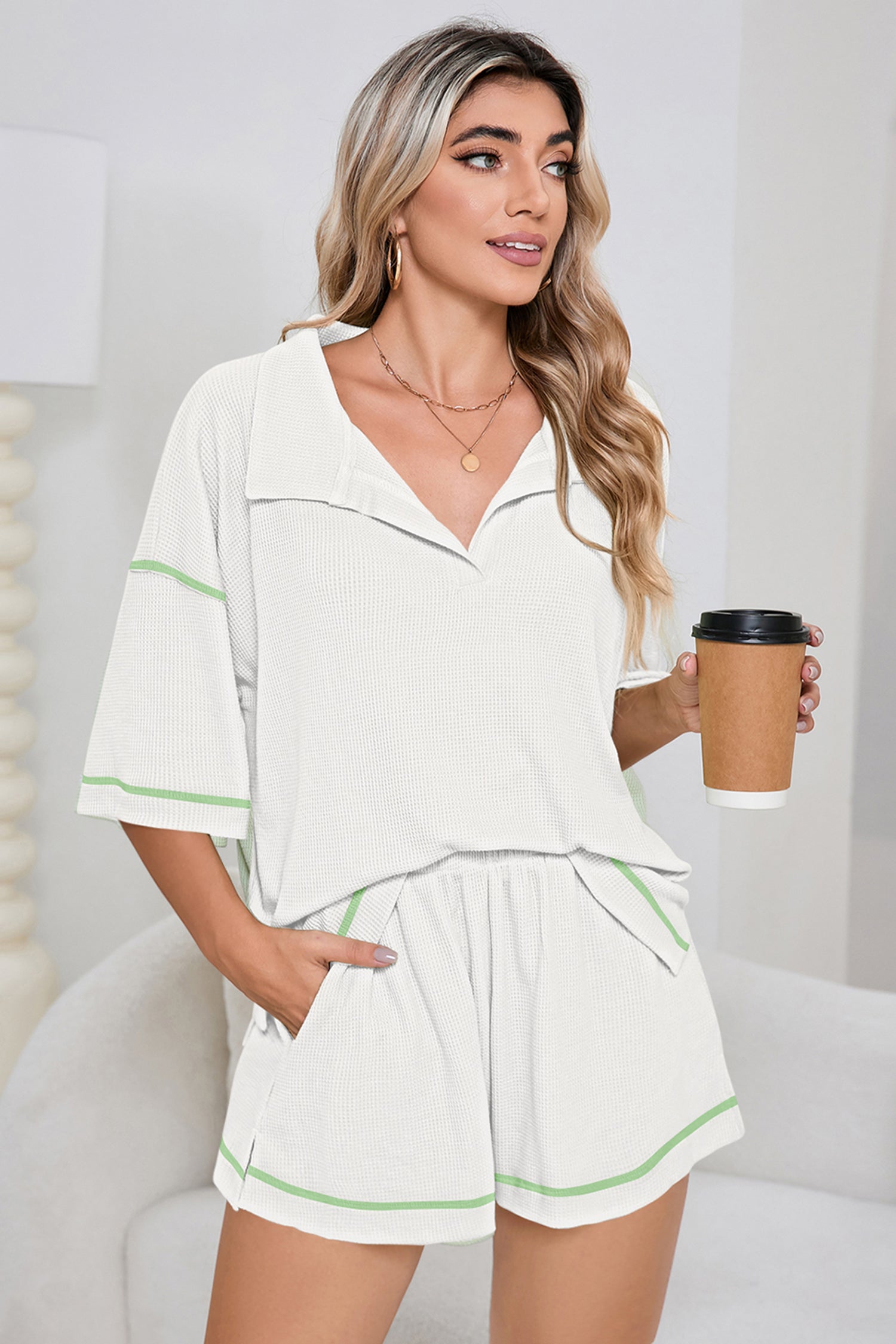 Conjunto de 2 piezas de pantalones cortos casuales con ribete de color gofre transpirable en rosa - Bego Fashion