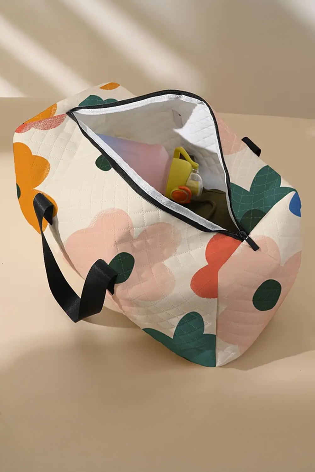 Bolsa de lona grande acolchada con estampado de flores blancas - Bego Fashion