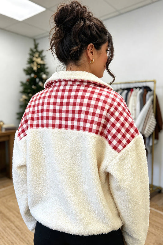 Sudadera holgada blanca de felpa con estampado de cuadros y parches, con motivo de Feliz Navidad