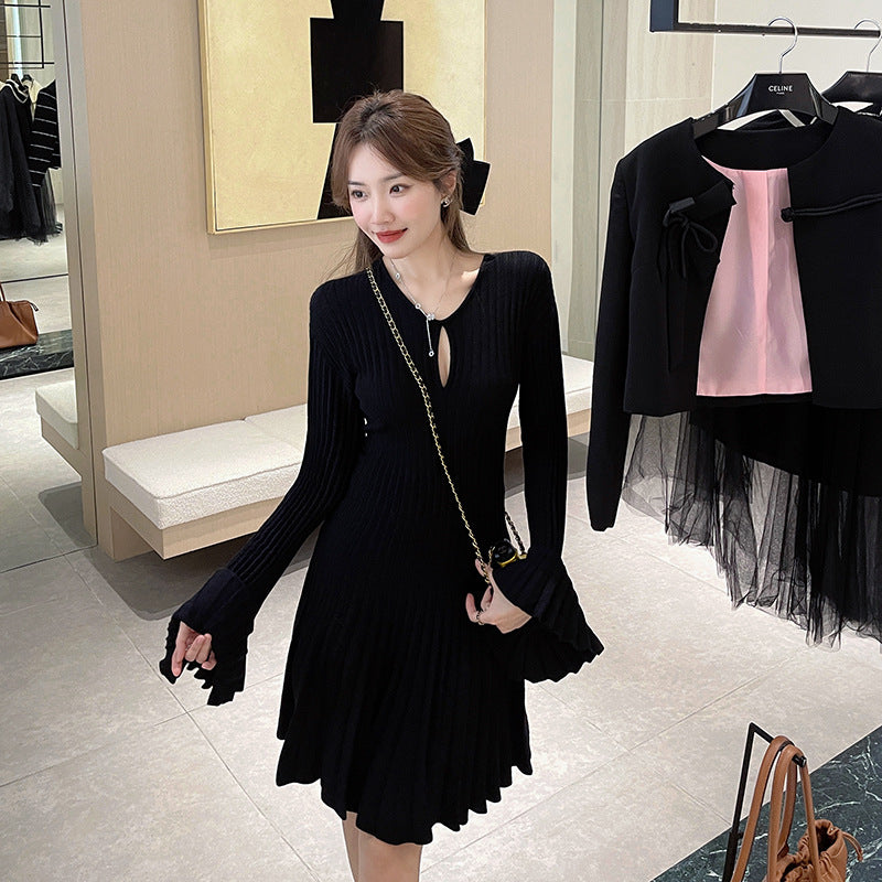 Vestidos de moda coreana para mujer: vestido negro de punto de lana, elegante y de alta calidad, con mangas acampanadas (estilo otoño-invierno)