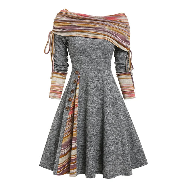 Vestido de mujer Dressfo para otoño/invierno, cuello convertible, ajustado, a rayas, corte acampanado, manga larga.