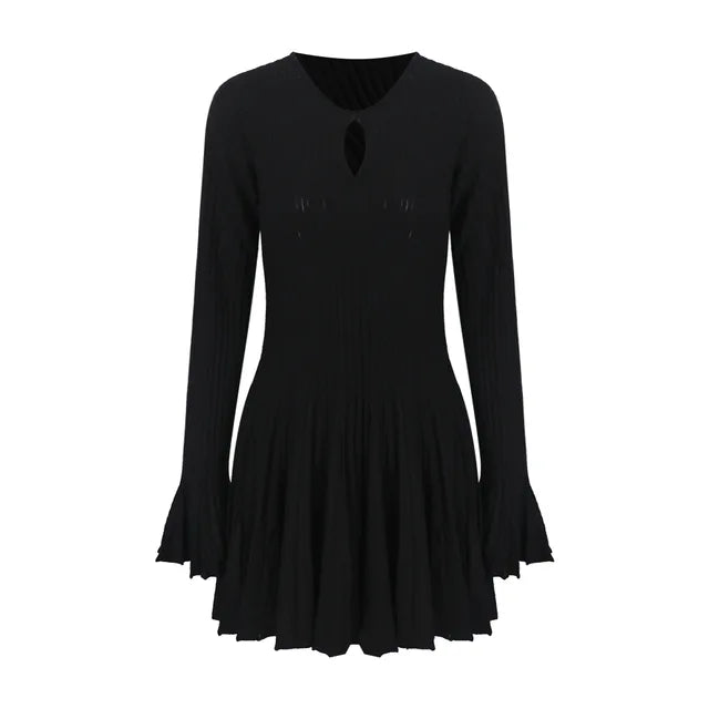 Vestidos de moda coreana para mujer: vestido negro de punto de lana, elegante y de alta calidad, con mangas acampanadas (estilo otoño-invierno)
