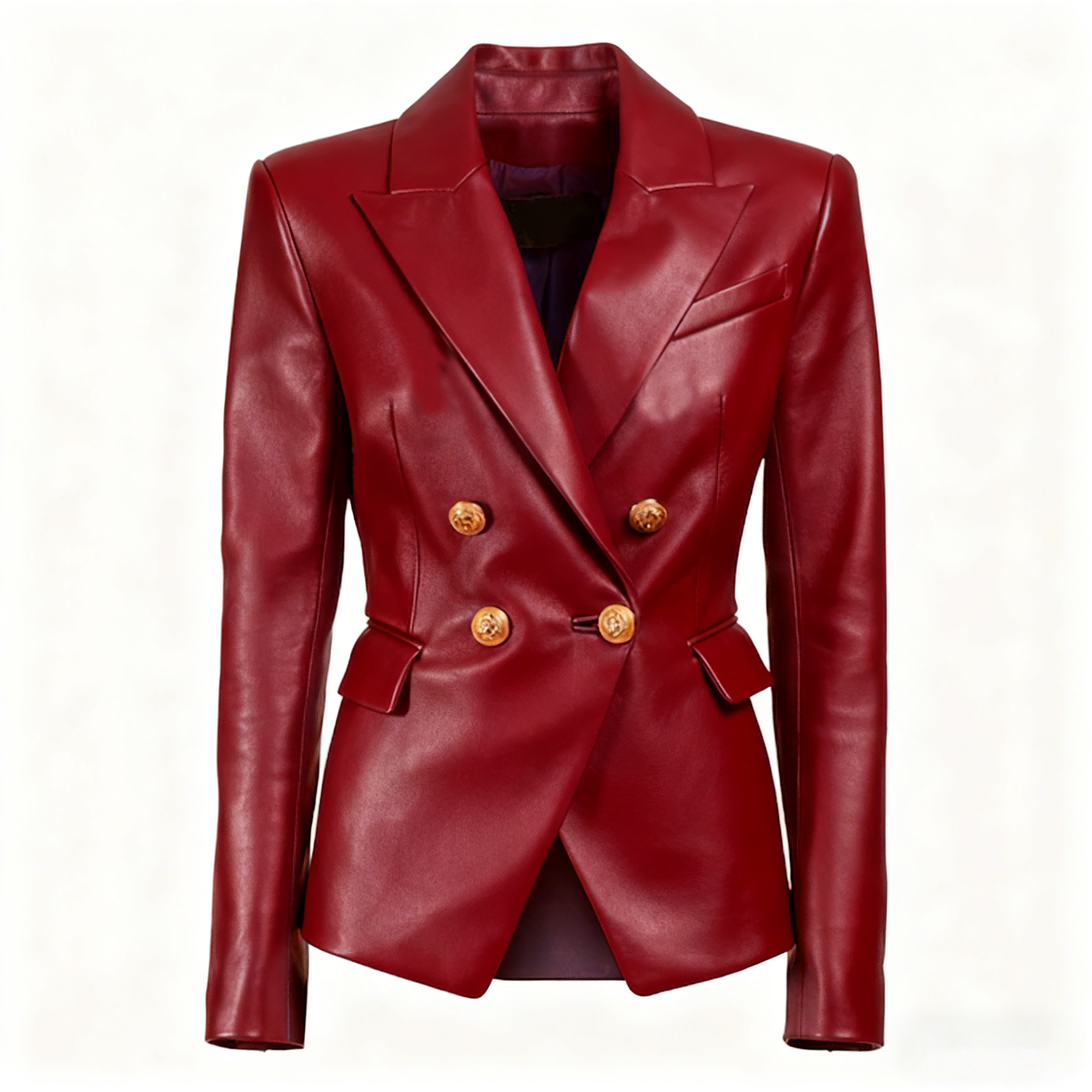 Blazer de piel sintética burdeos con botones dorados y hombros estructurados - Bego Fashion