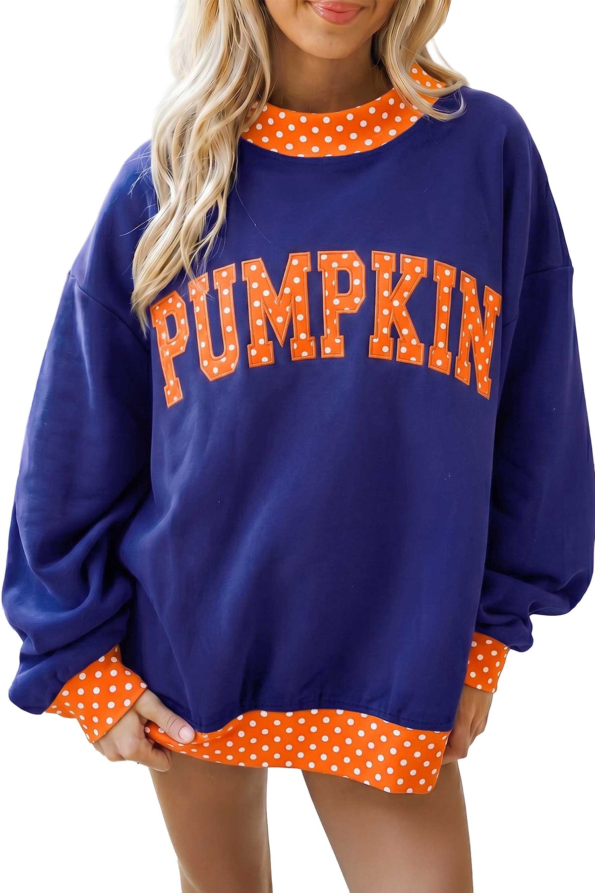 Sudadera rojo intenso con estampado de letras y lunares, cuello perkins y ribetes en contraste