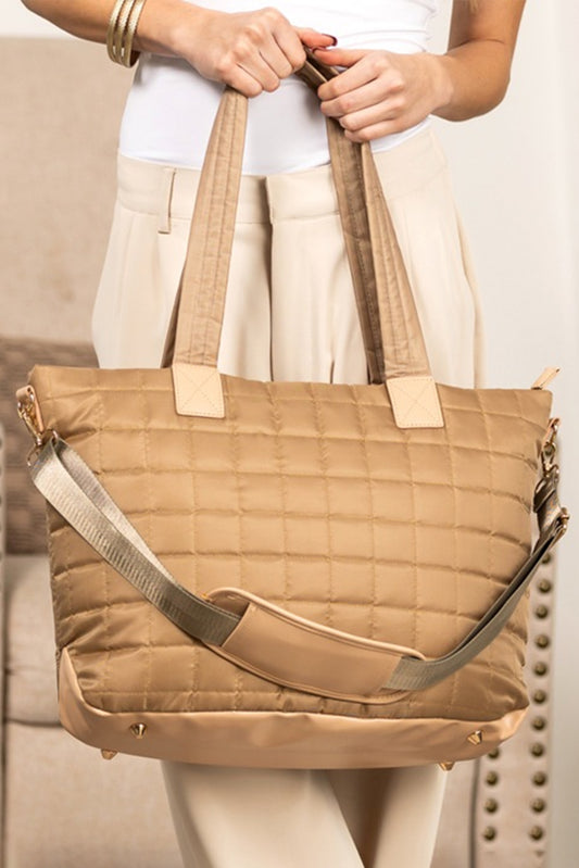 Set de 2 piezas: bolso tote grande y bolso de mano (clutch) acolchados con diseño de patchwork en color camel.