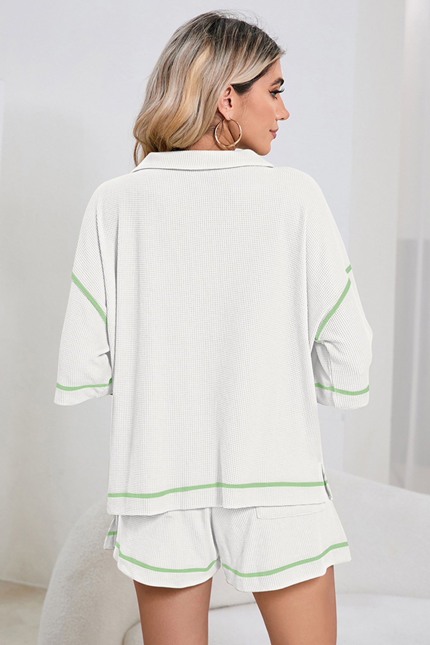 Conjunto de 2 piezas de pantalones cortos casuales con ribete de color gofre transpirable en rosa - Bego Fashion