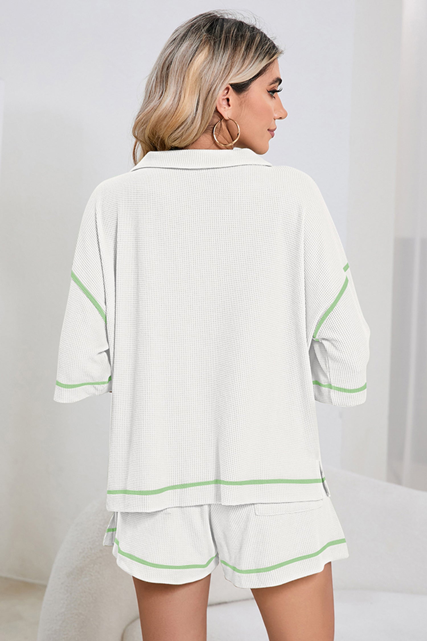 Conjunto de 2 piezas de pantalones cortos casuales con ribete de color gofre transpirable en rosa - Bego Fashion