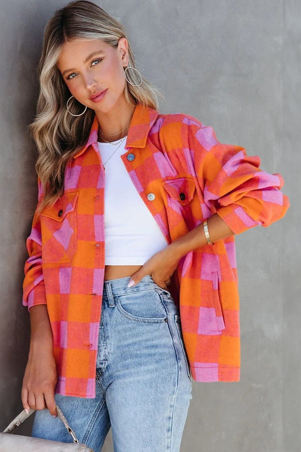 Orange Plaid Chest Pockets Button-up Turn Down Collar Jacket - Bego Fashion