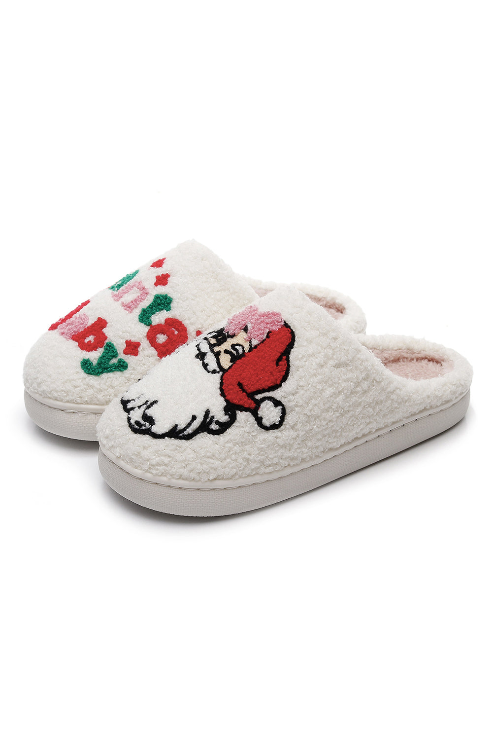 Pantuflas asimétricas de felpa blanca para casa, estilo Santa Baby