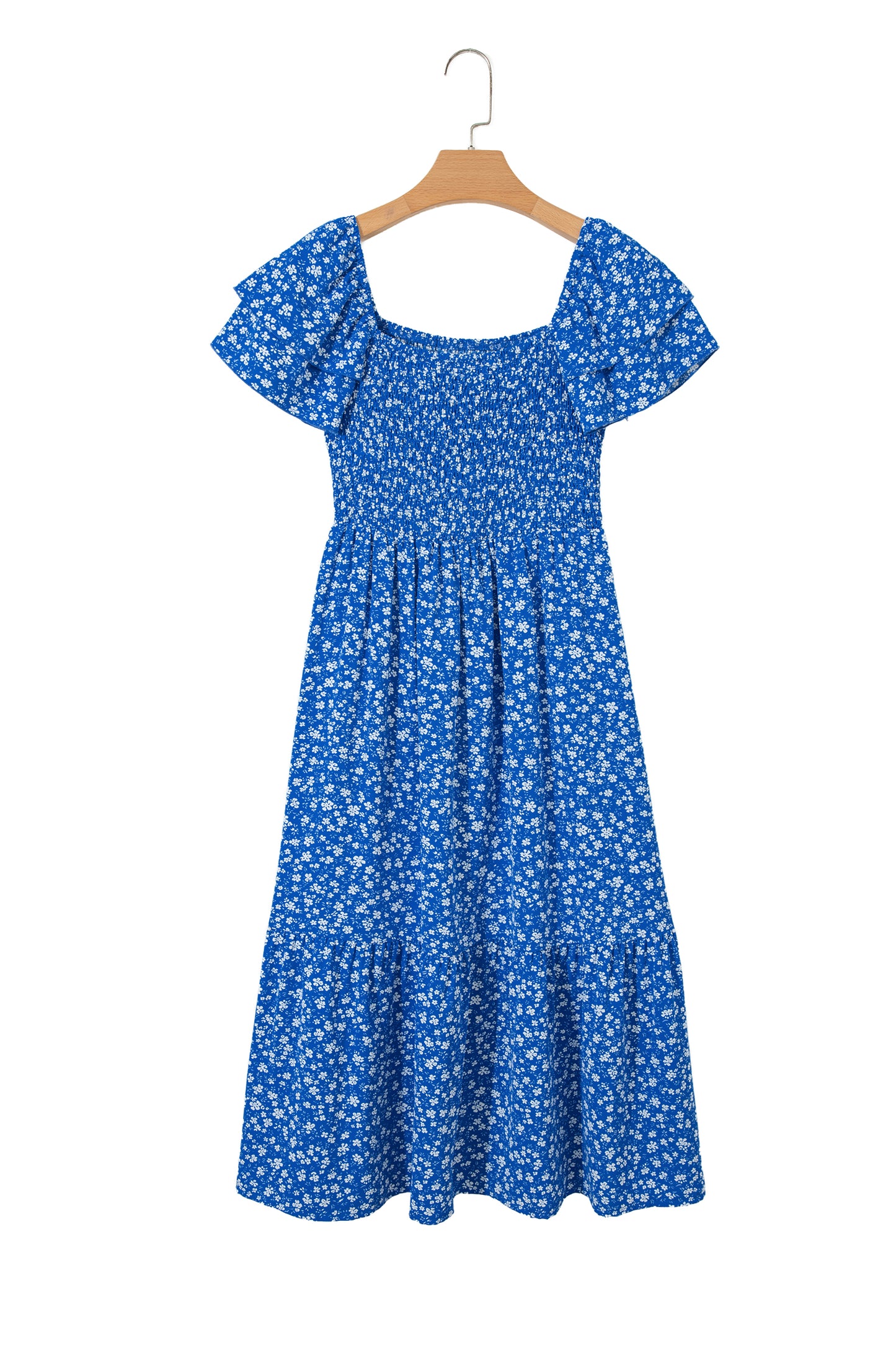 Vestido corto de manga corta con cuello cuadrado fruncido y estampado floral de estilo ditsy azul