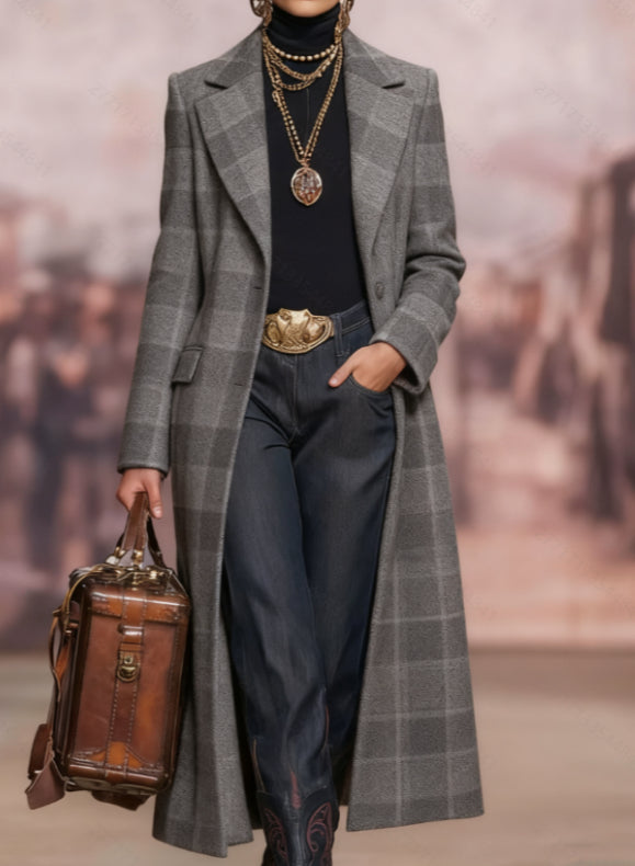 Abrigo informal holgado de cuadros retro de longitud media - Bego Fashion