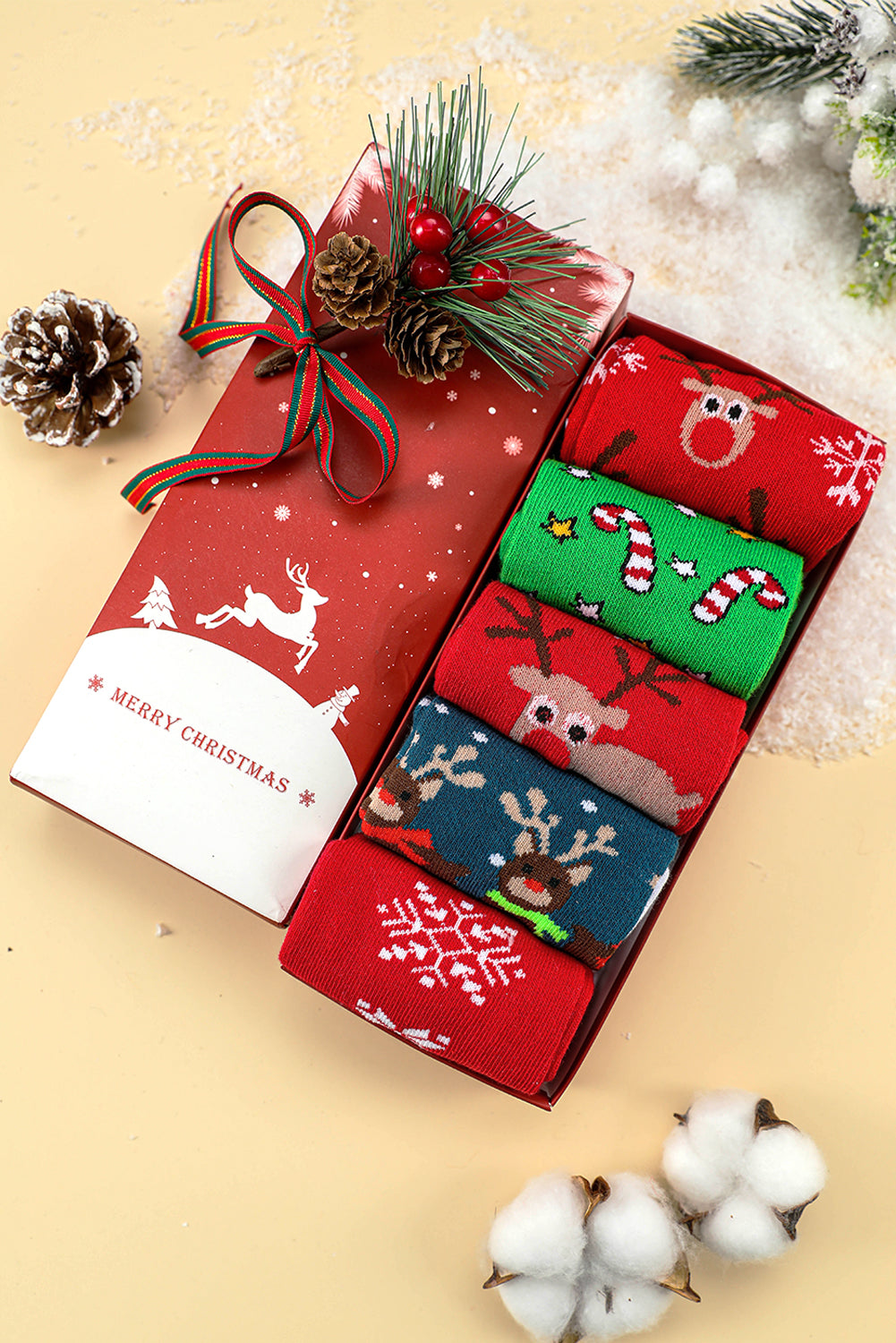 Set de 5 pares de calcetines suaves Dearlove con diseño navideño de renos de dibujos animados (color rojo intenso) y caja incluida.