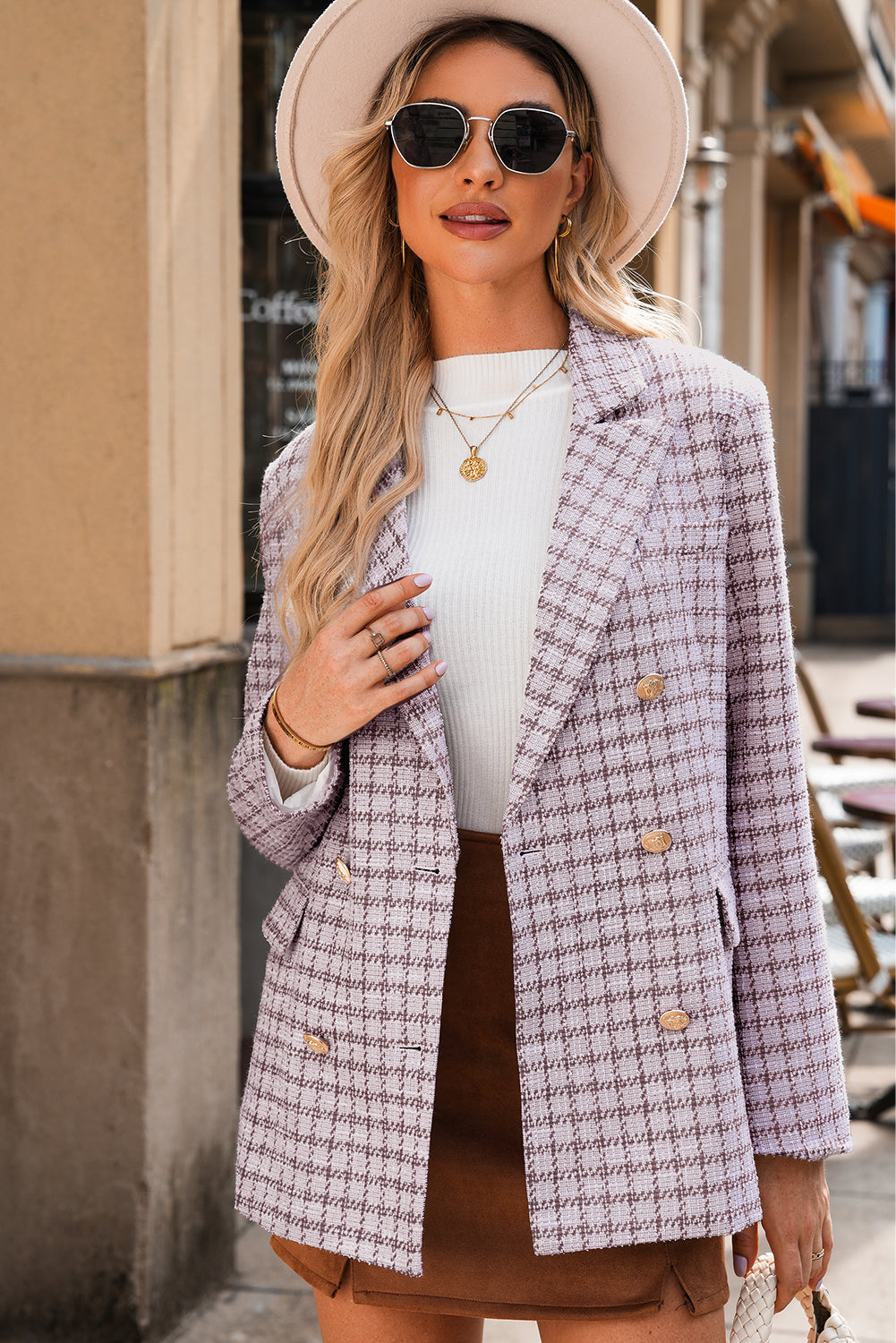 Blazer elegante de tweed a cuadros en color burdeos