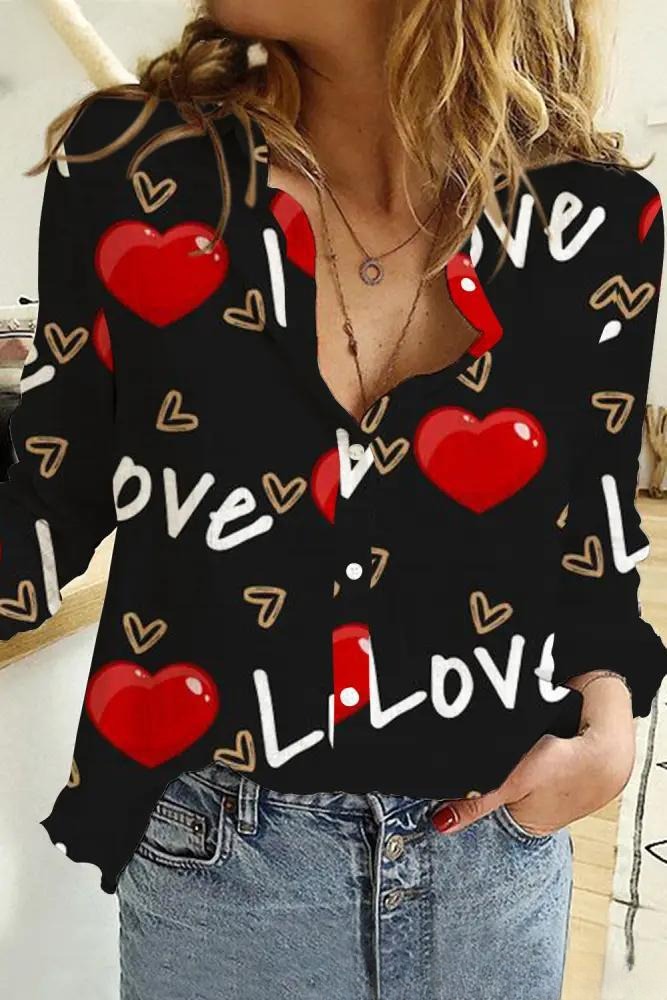 Camisa de manga larga para mujer con estampado de elementos del Día de San Valentín y amor creativo - Bego Fashion