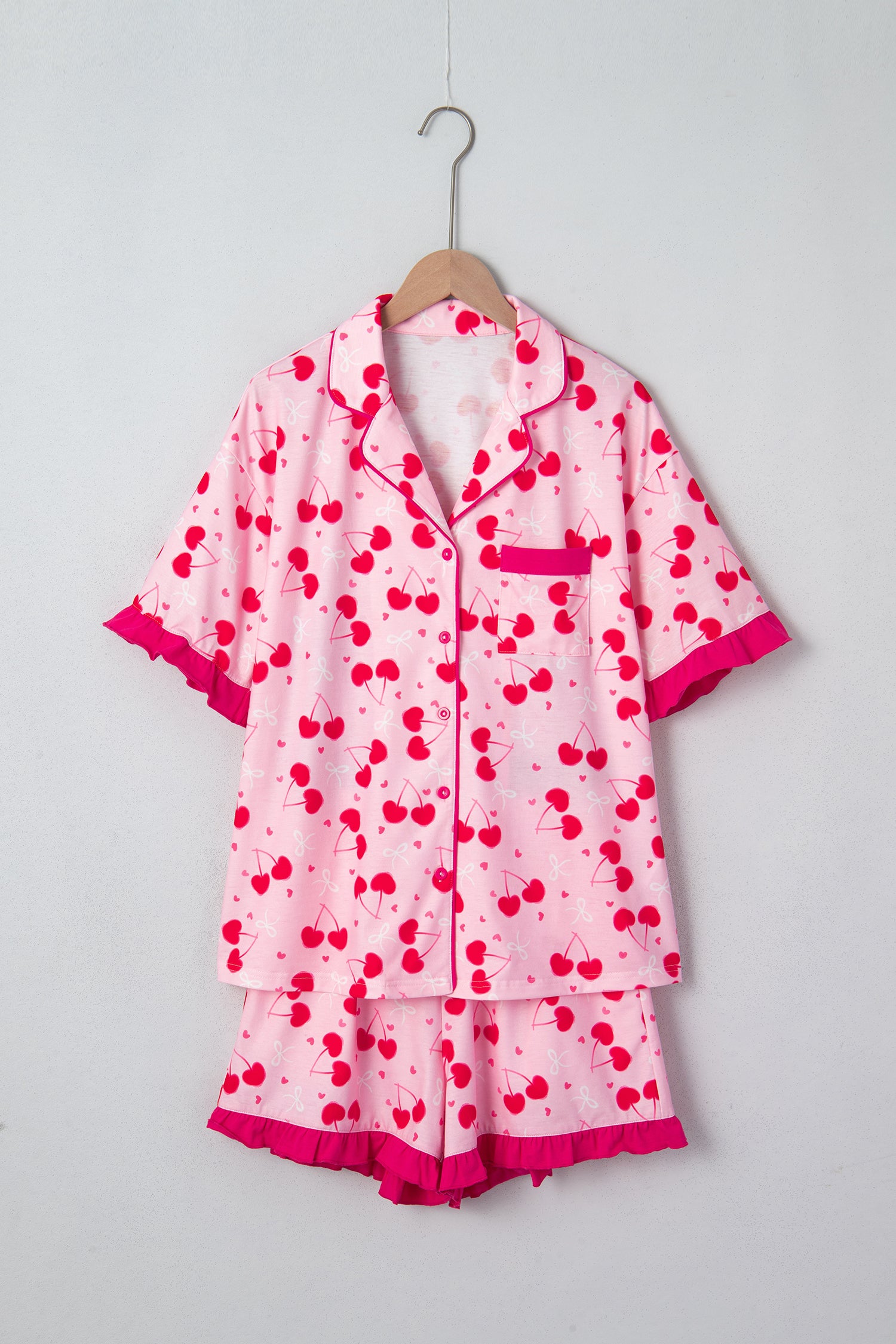 Conjunto de pijama corto con borde festoneado y estampado mixto de lazo y cereza rosa - Bego Fashion