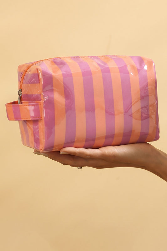 Neceser a rayas de PVC color rojo rosa con cremallera resistente y asa; organizador de viaje.