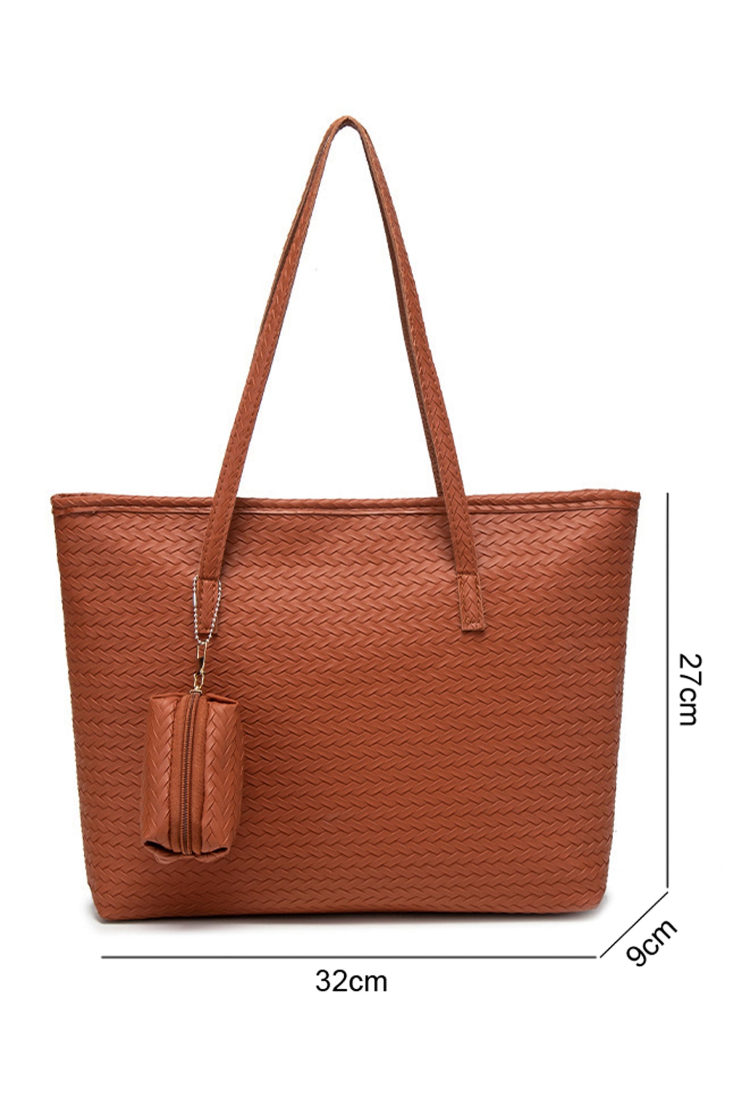 Bolso tote trenzado de piel sintética color canela con neceser extraíble