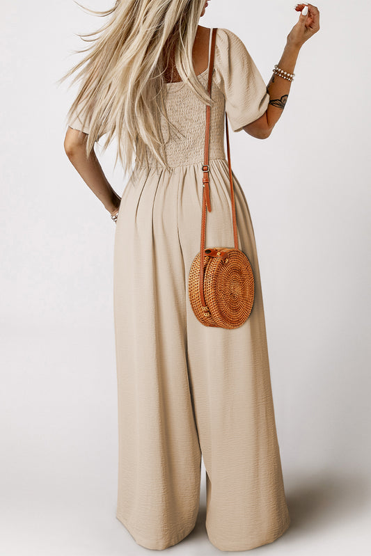 Mono de pierna ancha fruncido con mangas cortas abullonadas color albaricoque