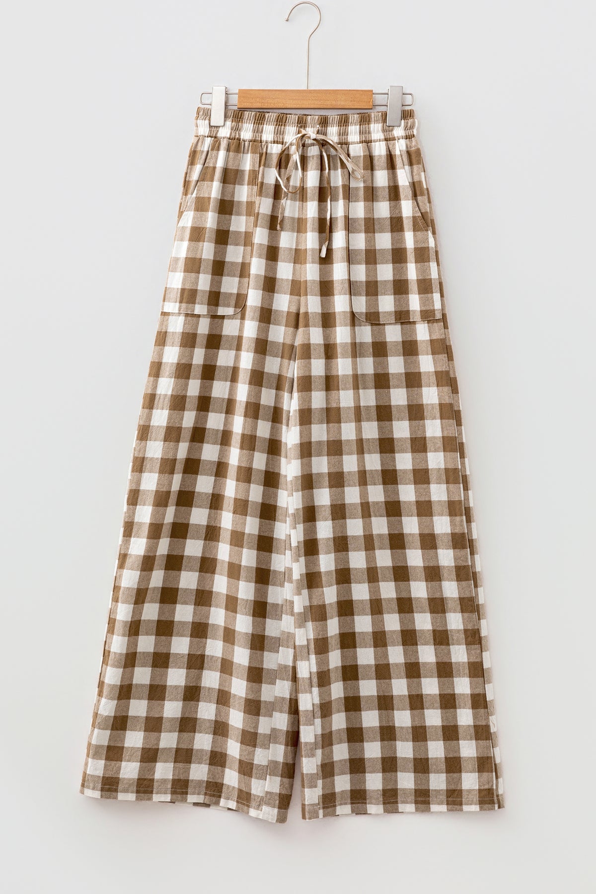 Pantalones rectos de cuadros vichy marrones con cintura elástica y lazo.