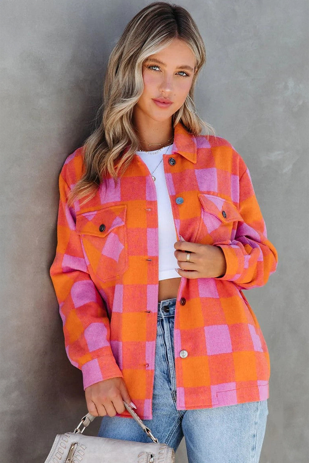 Orange Plaid Chest Pockets Button-up Turn Down Collar Jacket - Bego Fashion