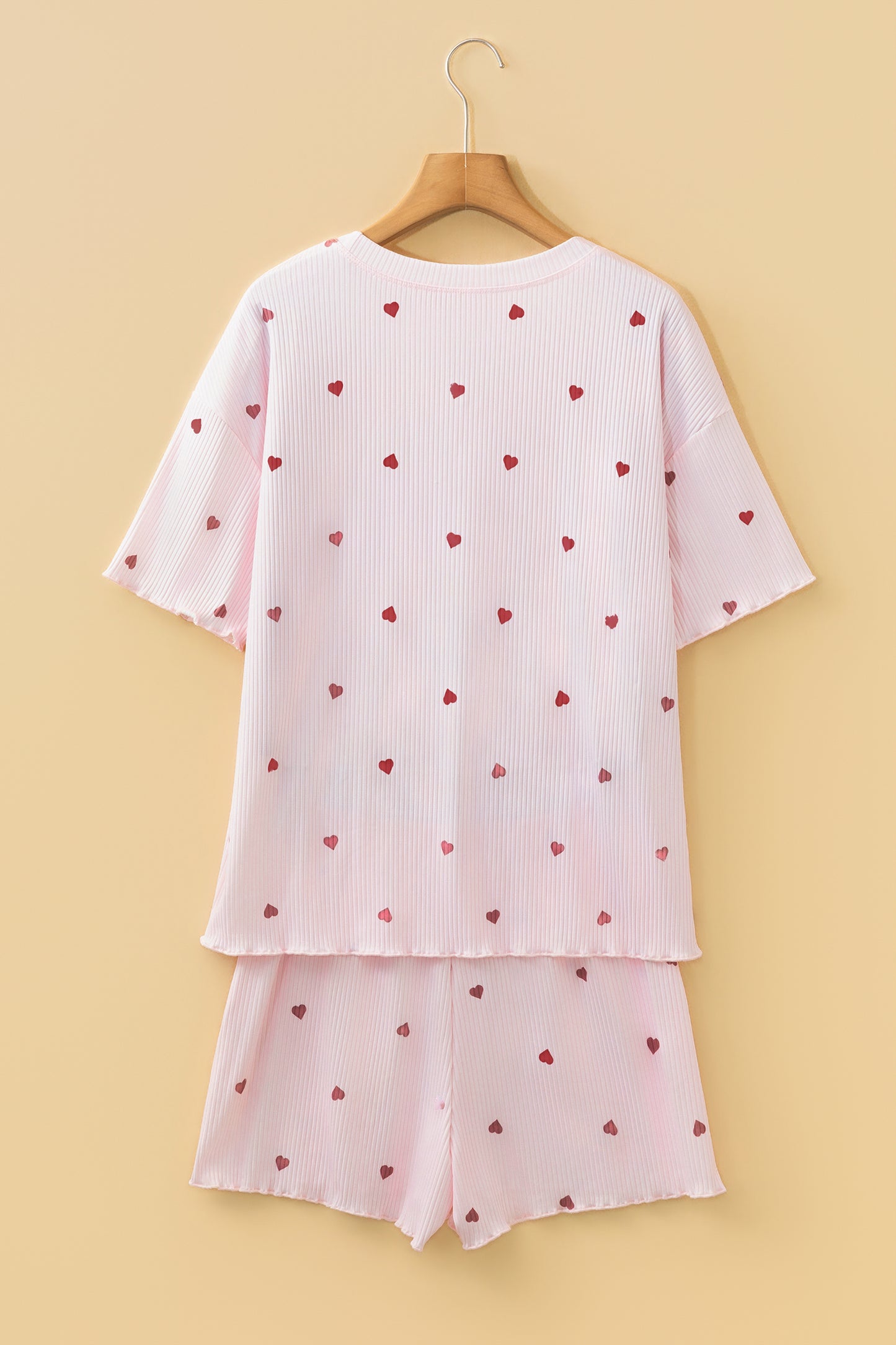 Conjunto de estar por casa corto de punto acanalado con estampado de corazón de San Valentín en rosa claro - Bego Fashion