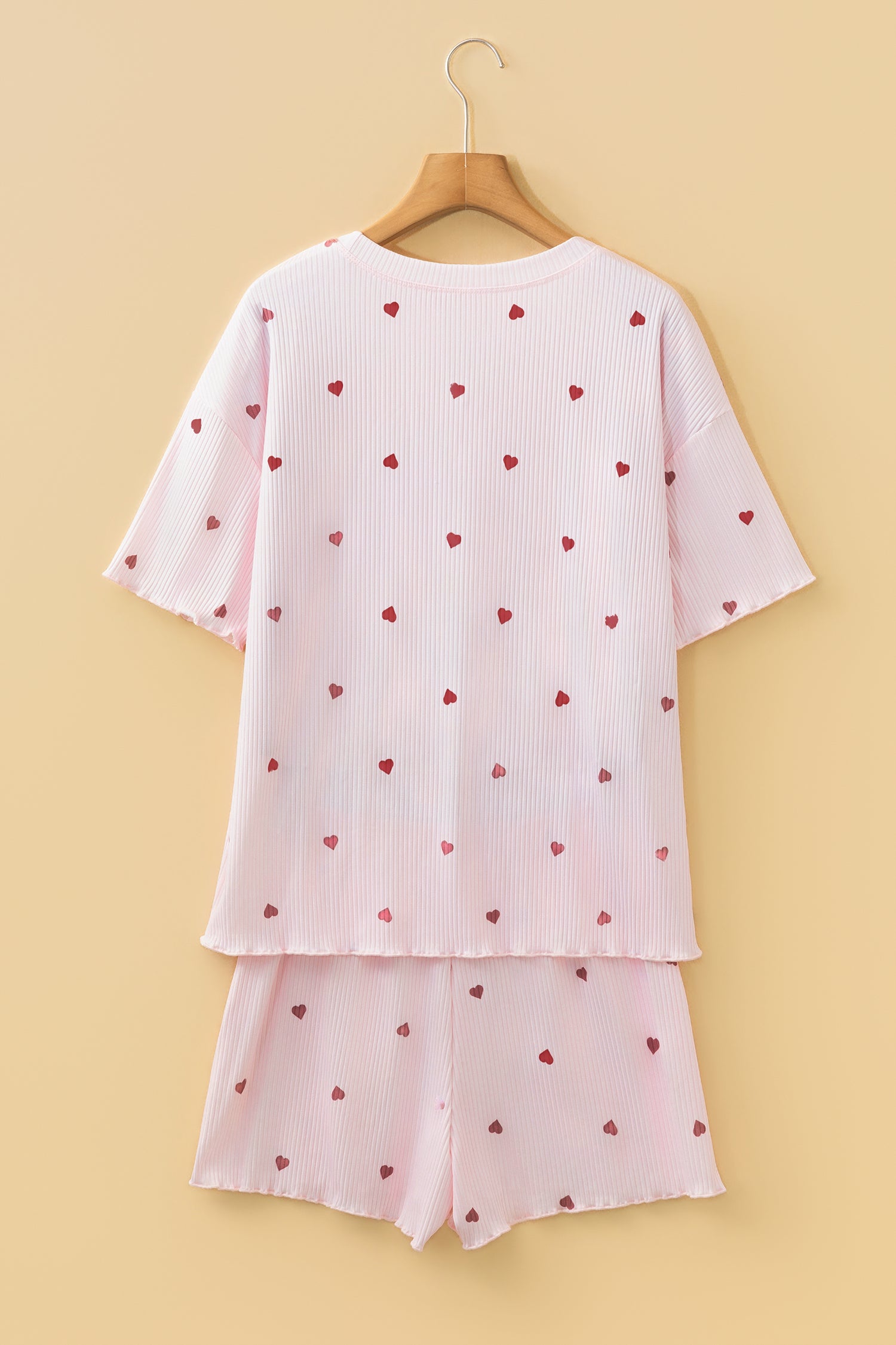 Conjunto de estar por casa corto de punto acanalado con estampado de corazón de San Valentín en rosa claro - Bego Fashion