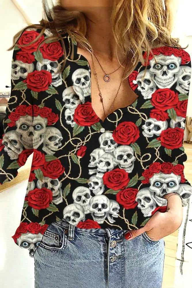 Camisa de manga larga para mujer con estampado de elementos del Día de San Valentín y amor creativo - Bego Fashion