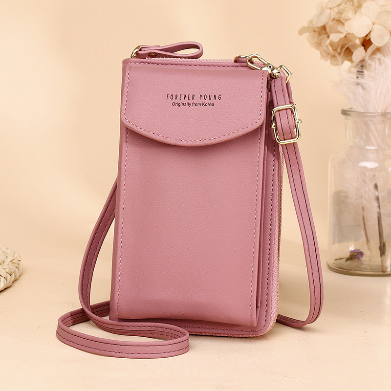 Cartera cruzada vertical de color liso para teléfono móvil, versátil, con cremallera, para mujer - Bego Fashion