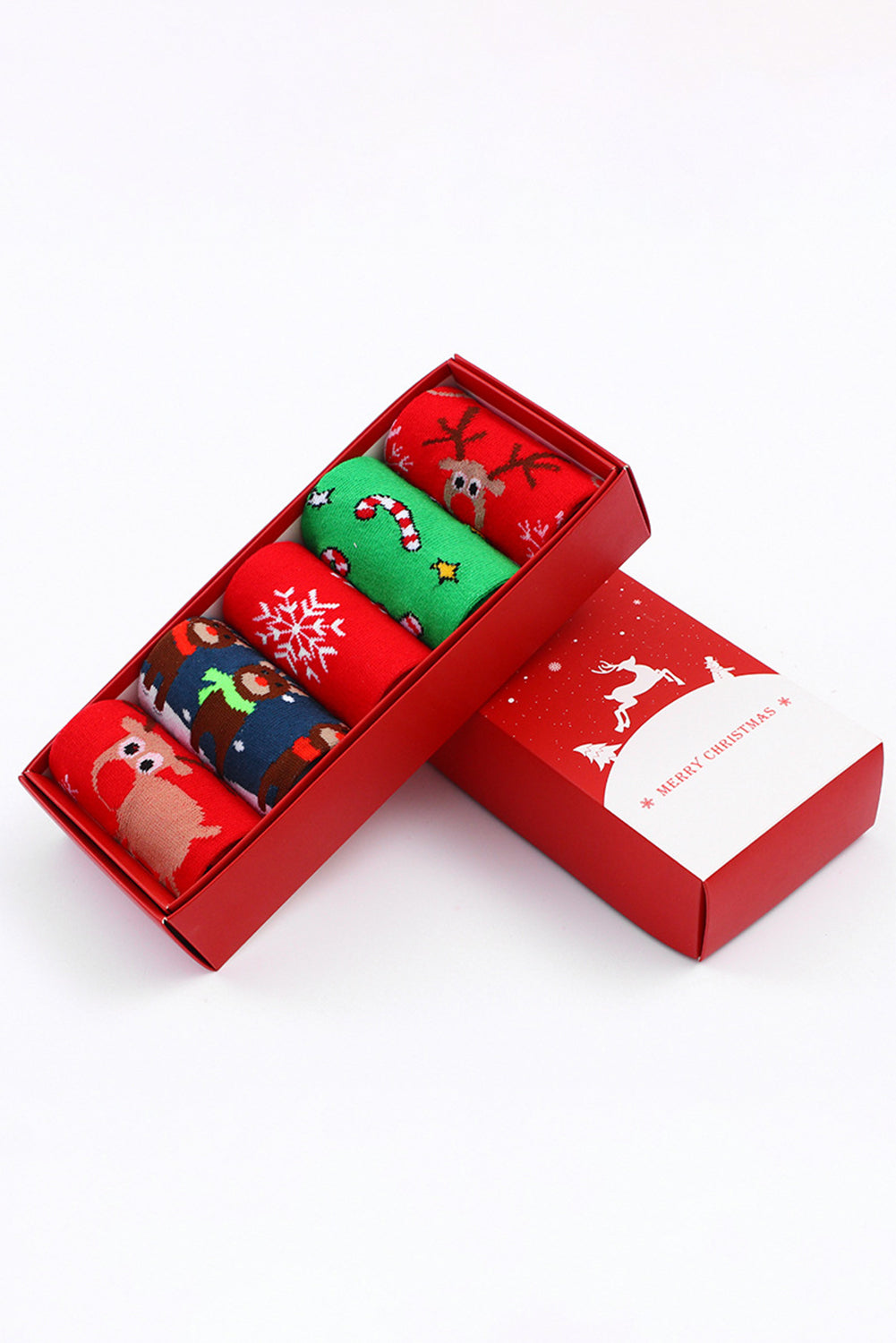 Set de 5 pares de calcetines suaves Dearlove con diseño navideño de renos de dibujos animados (color rojo intenso) y caja incluida.