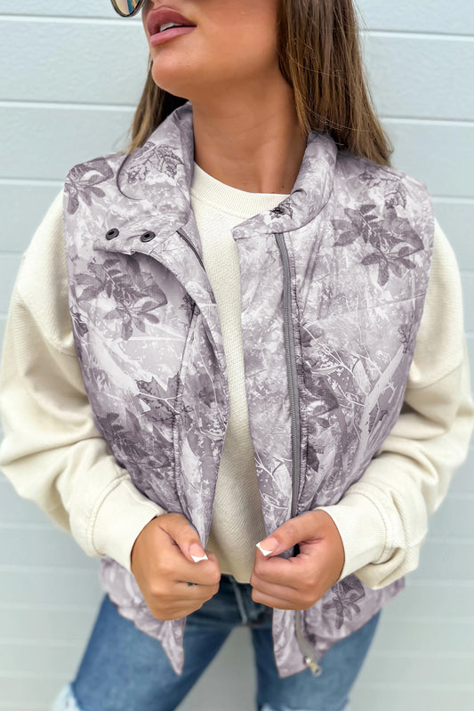 Chaleco acolchado de invierno con estampado de hojas y camuflaje gris
