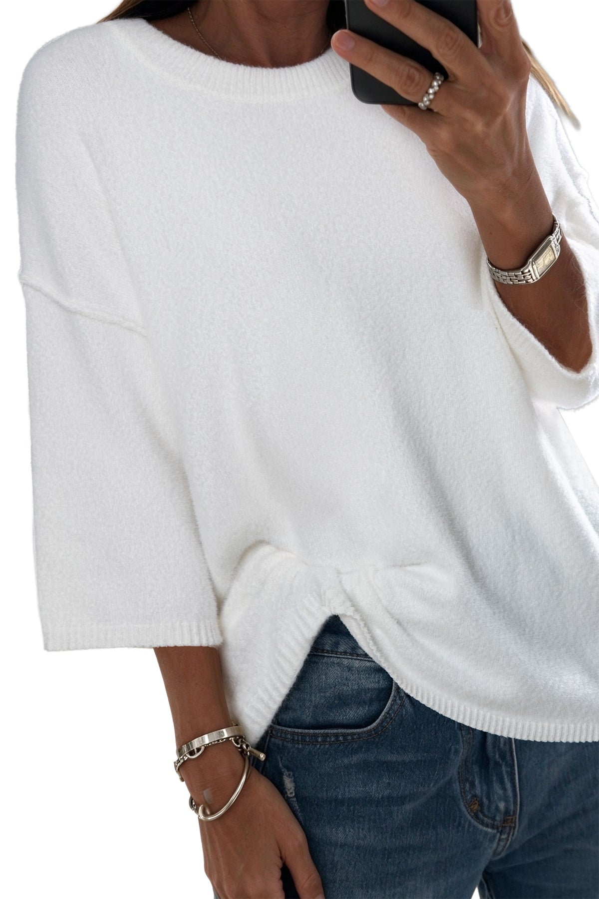 Camel Solid Color Knit Half Sleeve Round Neck Shift Sweater