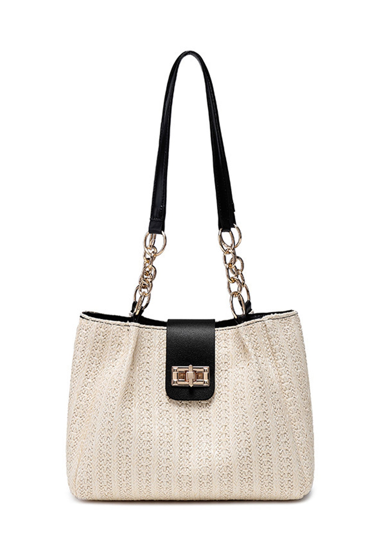 Bolso tote negro de piel sintética con textura tejida y asa de cadena