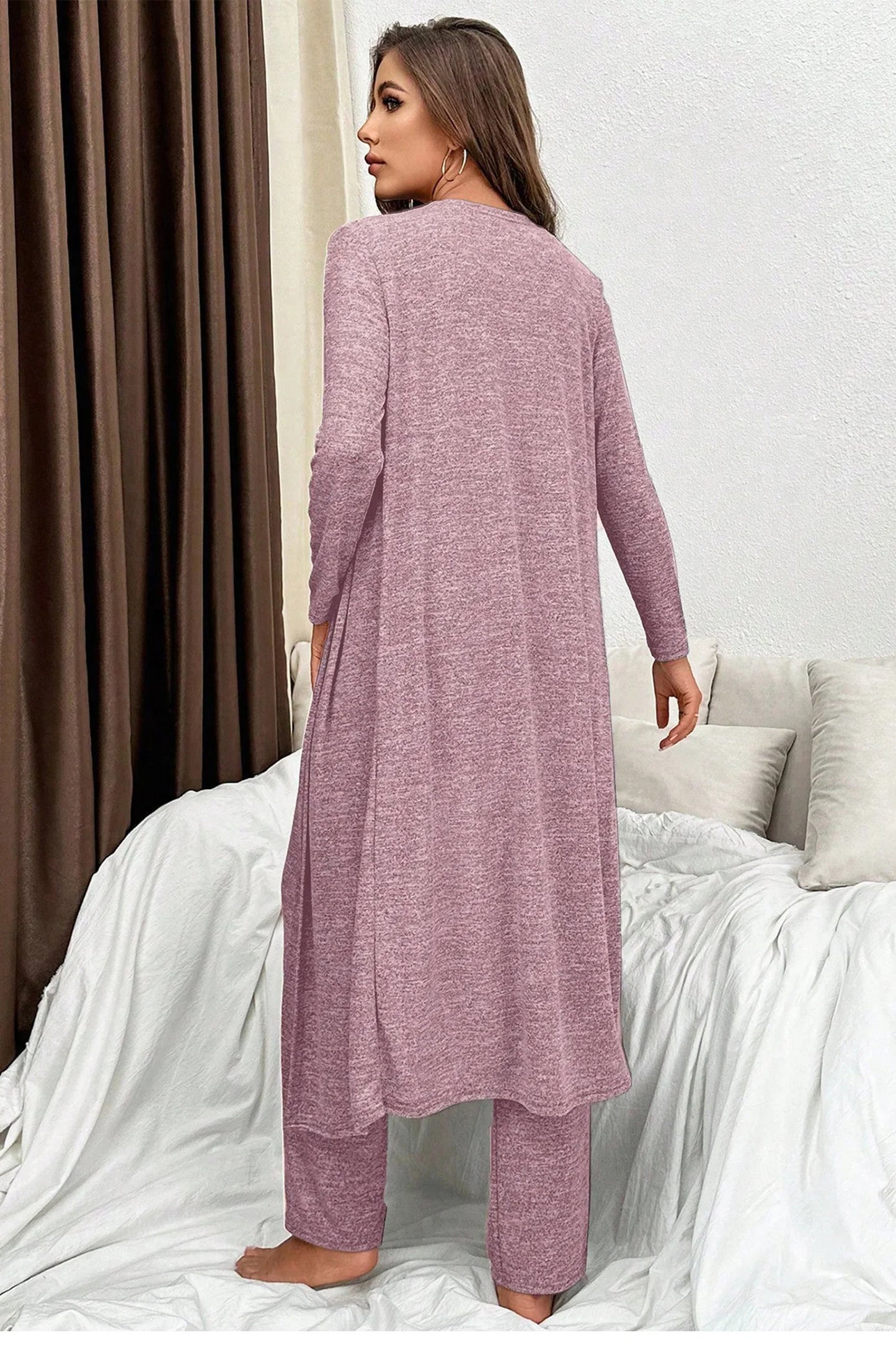 Dark Grey 3pcs V Neck T Shirt Ribbon Knot Pants Open Duster 3pcs Lounge Set - Bego Fashion