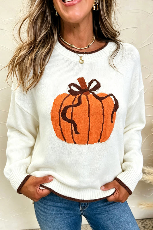 Suéter tipo pulóver casual con estampado de calabazas otoñales