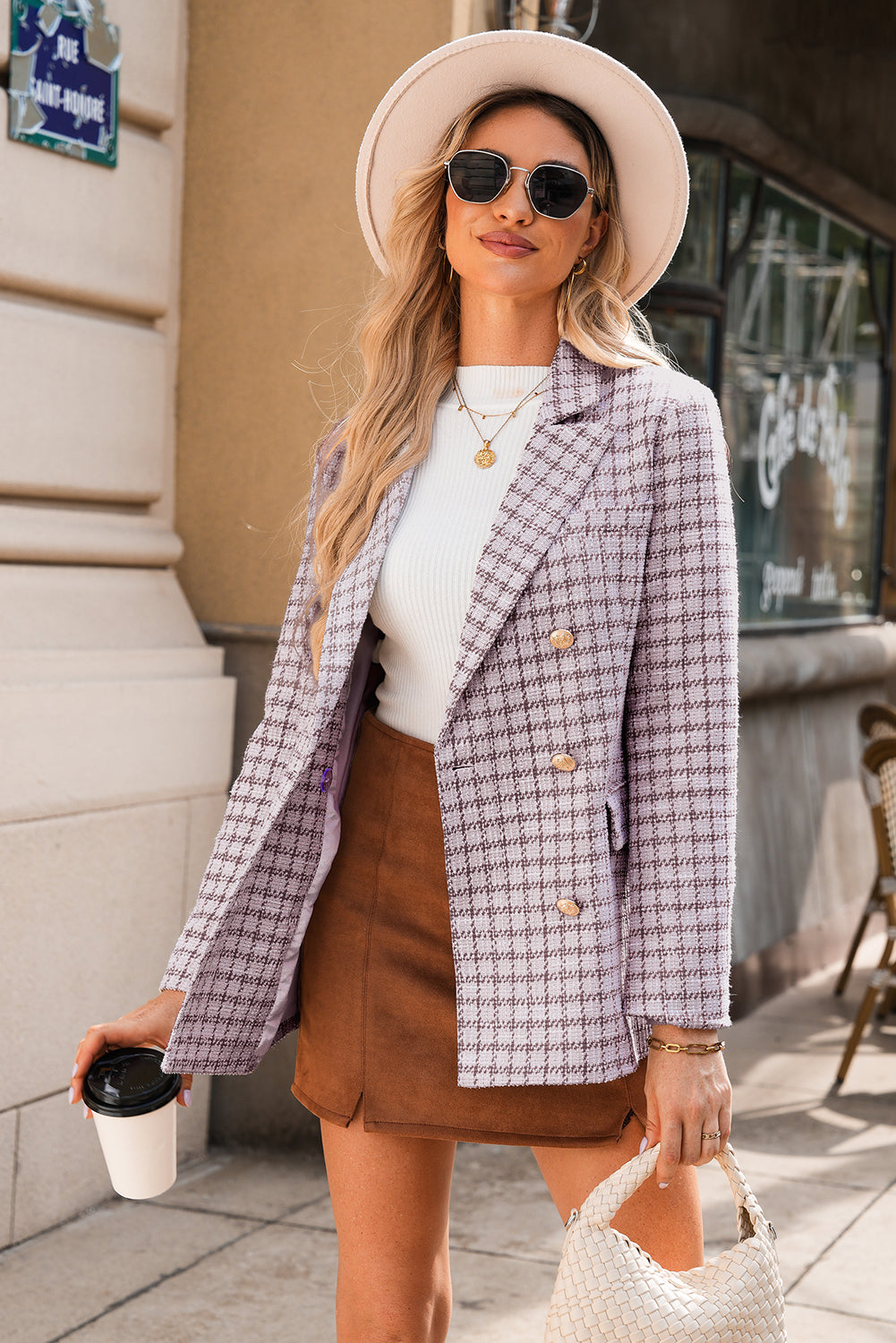 Blazer elegante de tweed a cuadros en color burdeos